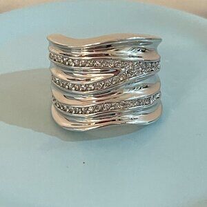 Lia Sophia Revved Up Ring Size 7 Wide Wavy Silver Crystals Statement